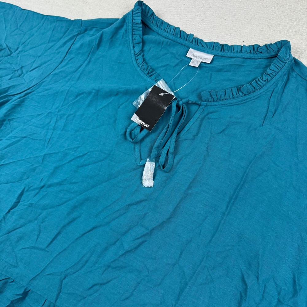Avenue 26/28 Top Women Teal Tiered Ruffle Neck Tie Short Sleeve 30-0112-0